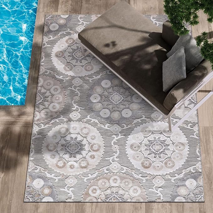 CAMILSON Indoor Outdoor Rug 9x12 Bohemian Medallion Floral Area Rugs for Indoor and Outdoor Patios Easy-Cleaning Non-Shedding Living Room Garden and Kitchen Washable Outside Carpet (9 x 12 / Beige)
