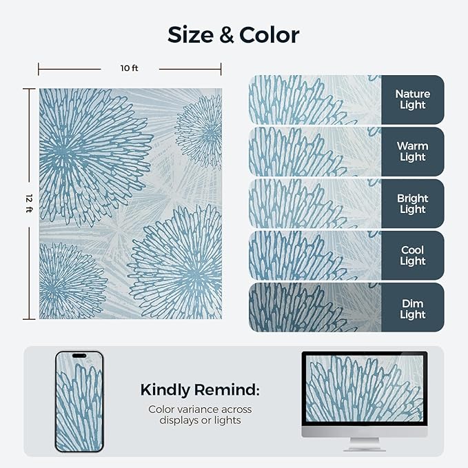 WITSHOCK 10x12 Washable Rug for Living Room,Modern Floral Distress Print Pattern Area Rugs,Stain Resistant with Non Slip Backing Carpet for Dining Room,Bedroom & Home Decor,Blue/Light Blue