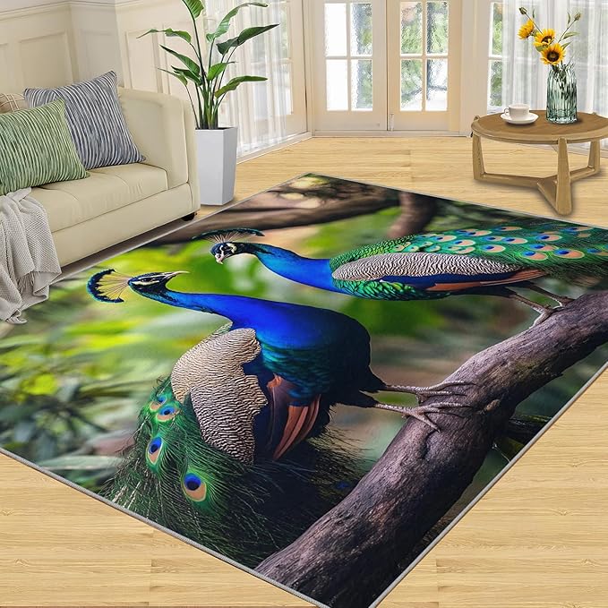 Peacock Rugs for Bedroom - 4x6 Rug, Peacock Couples Area Rugs for Living Room, Nature Carpet, Peafowl Washable Area Mat, Malachite Green Feather Carpet - Peafowl Home Decor & Gifts
