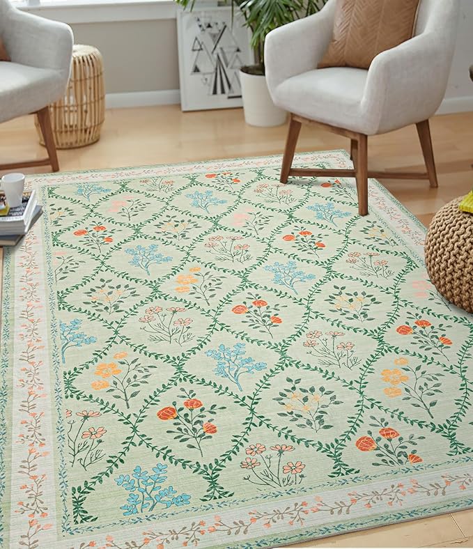YIHOUSE Green Floral Print Rugs, Moroccan Trellis 10x14 Washable Large Rug, Modern Pastel Non Slip Ultra-Thin Area Rug for Classroom, Nursery Playroom,Dorm,Bedroom,Living Room, Green Multi