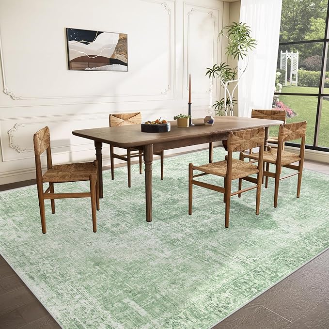 Area Rug 8x10 Washable Rug, Vintage Boho Medallion Rugs Non-Slip Soft Low Pile Large Distressed Rug Indoor Retro Carpet for Living Room Bedroom Dining Room Home Office (Sage Green, 8'x10')