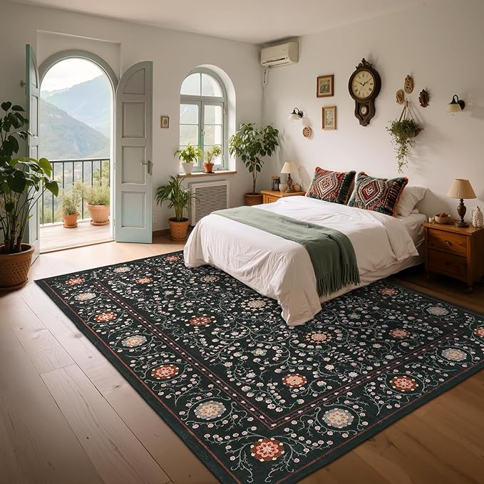 GarveeHome Boho 6x9 Area Rug for Living Room, Floral Vintage Rugs for Bedroom with Soft Low Pile, Non Slip Stain Resistant Botanical Washable Rug 6x9 for Dining Room Black Carpet for Dorm Office