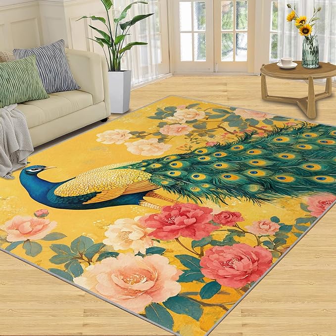Classic Peacock Rug Large - 5x8 Rug, Peacock Peony Flower Washable Rugs for Living Room, Yellow Teal Turquoise Carpet, Non-Slip Area Rugs for Bedroom, Aesthetics Carpet - Peafowl Home Decor & Gifts