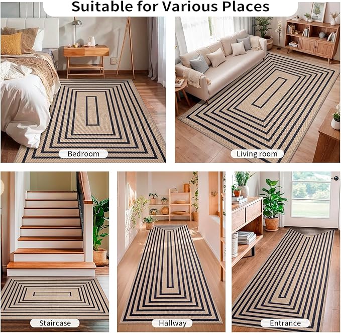 Tangsoo Easy Jute Rug 2x4 Small Throw Rugs for Entryway,Washable Thin Outdoor Door Mat,Black Geometric Non-Slip Indoor Floor Carpet for Entrance Kitchen Hallway Bedroom Front Porch