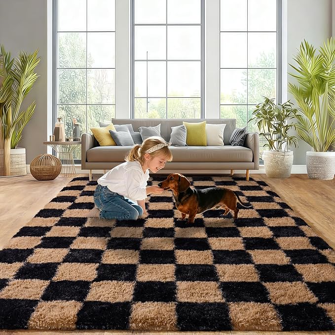 Upgrade Non-Slip Plush Rugs for Living Room, Soft Shaggy Carpets for Living Room, Fuzzy Rugs for Kids' Room, Perfect Decor for Modern Home Grid 5x7Feet