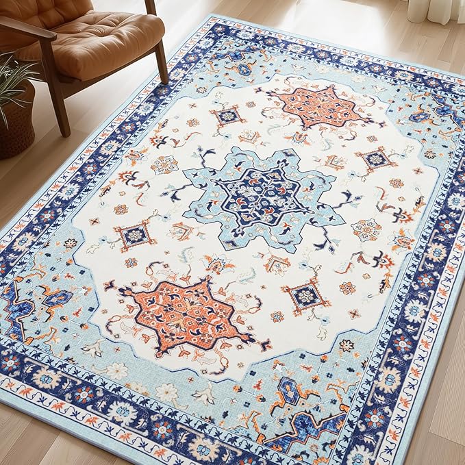 Phantoscope Washable Area Rug 5'x7' Non-Slip, Vintage Boho Rugs for Living Room, Bedroom, Dining Room, Medallion Persian Symmetrical Pattern, Low-Pile Foldable Floor Carpet, Ivory Blue/Orange