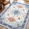 Phantoscope Washable Area Rug 4'x6' Non-Slip, Vintage Boho Rugs for Living Room, Bedroom, Dining Room, Medallion Persian Symmetrical Pattern, Low-Pile Foldable Floor Carpet, vory Blue/Orange
