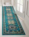 Unique Loom Taftan Collection Border Geometric Tribal Inspired Design Area Rug (3' 0 x 16' 5 Runner, Turquoise/ Gray)