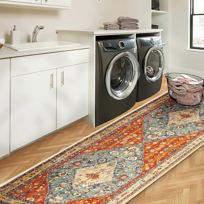COMSLE Boho Runner Rug, 2' x 6' Washable Rugs for Hallway Faux Wool Small Kitchen Area Rug Distressed Throw Rug Non-Slip Laundry Room Rug Carpet Runner for Entryway Indoor Bedroom