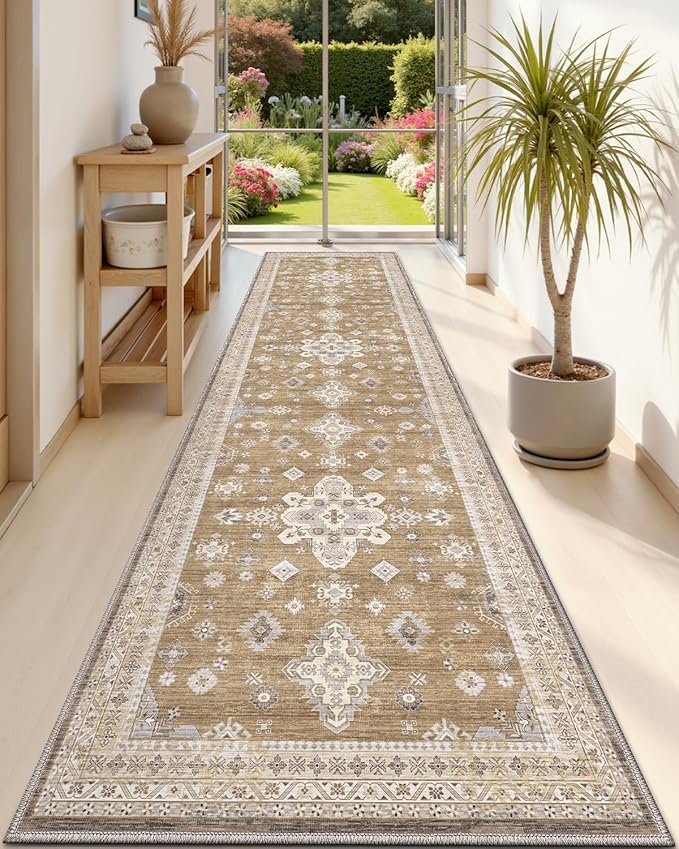 DEXI Hallway Runner Rug 3x8, Distressed Non Slip Runners Carpet, Boho Vintage Soft Thin Indoor Rug, Stain Resistant Washable Entry Mat for Entryway Kitchen Laundry Room Living Room, Light Brown