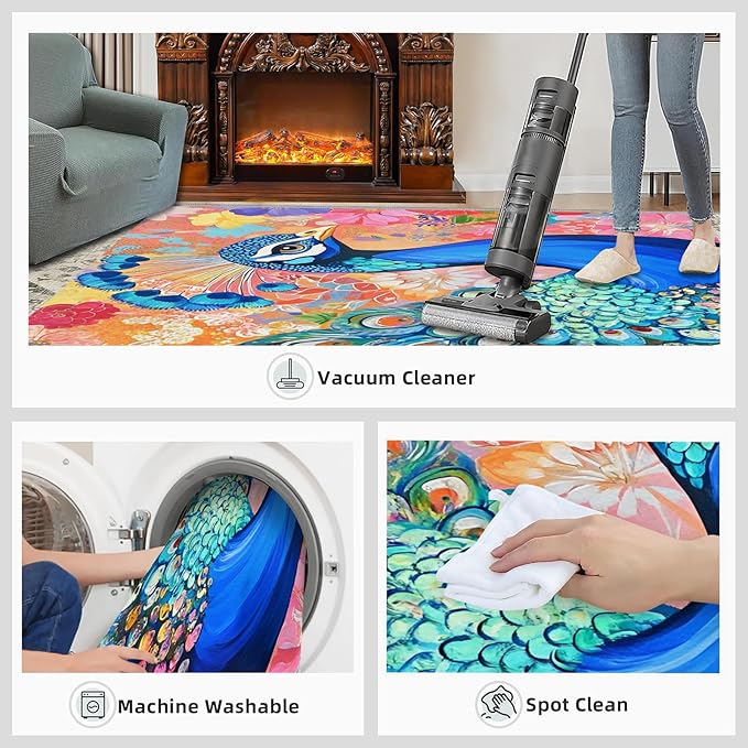 Peacock Area Rug 8x10-8x10 Rug, Boho Floral Rugs for Living Room, Colorful Carpet, Oil Painting Art Washable Area Rugs for Bedroom, Aesthetics Carpet - Peafowl Home Decor & Gifts