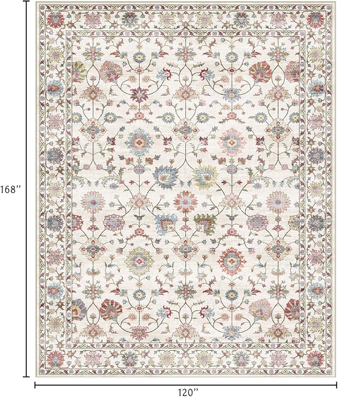 Area Rugs 10x14 Living Room - Large Washable Cream Boho Rugs for Bedroom Soft Vintage Rug Ultra-Thin Colorful Traditional Floral Carpet Bohemian Rug for Dining Room Guest Room Home Decor