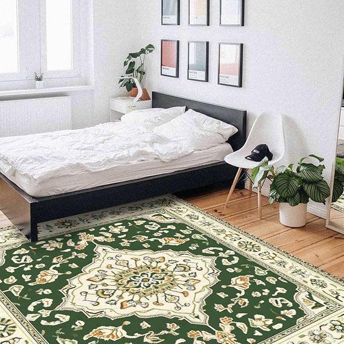 Green Bohemian Rectangular Area Rugs for Living Room Bedroom 2.8 x 5 ft Vintage Farmhouse Floral Pattern Non-Shedding Soft Low Pile Rug Non Slip Washable Rug for Nursery Entryway Playroom