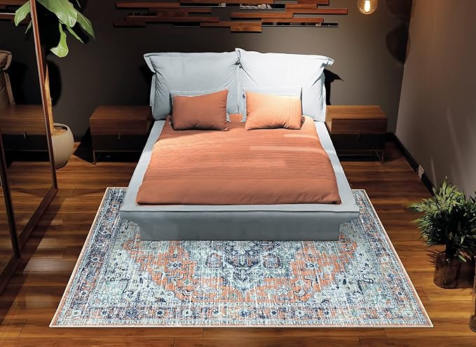 Bloom Rugs Washable Non-Slip 3' x 5' Rug - Peach/Blue Traditional Area Rug for Living Room, Bedroom, Dining Room, and Kitchen - Exact Size: 3' x 5'