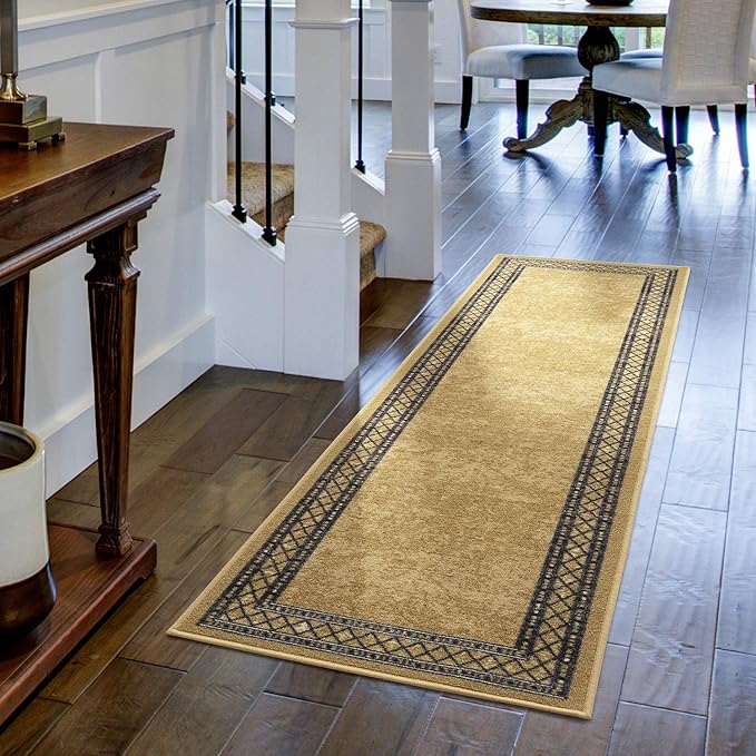 Antep Rugs Alfombras Modern Bordered 2x10 Non-Skid (Non-Slip) Low Profile Pile Rubber Backing Indoor Area Runner Rugs (Brown, 2' x 10')