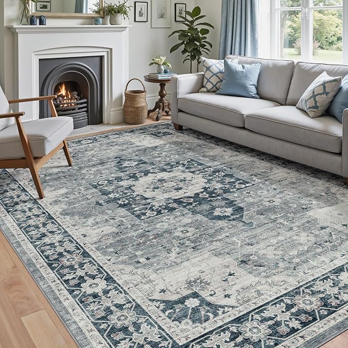DEXI 10x14 Area Rug for Living Room, Washable Vintage Farmhouse Thin Rug Indoor Floor, Non Slip Stain Resistant Low Pile Carpet for Dining Room Bedroom Office, Blue Grey