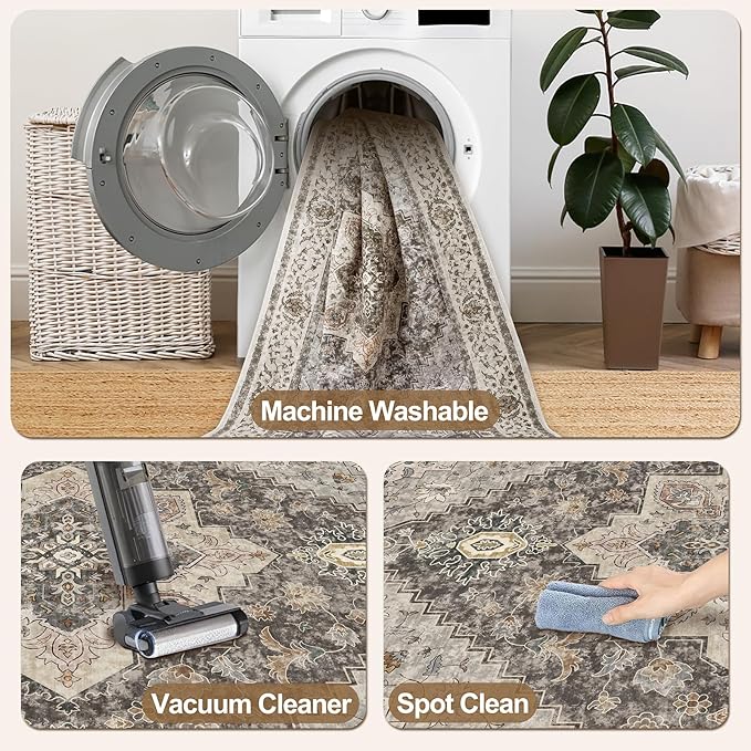 Tangsoo 8x10 Area Rugs for Living Room, 8x10 Washable Rug Vintage Indoor Non Slip Large Area Rugs, Print Distressed Grey Carpet, Soft Low Pile Foldable Floor for Bedroom Dining Room Dorm