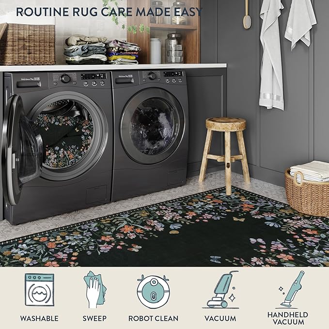 Lahome Boho Floral 2'6"x8 Black Washable Hallway Kitchen Runner Rug, Non Skid Bathroom Carpet Runner, Soft Non-Slip Rug Runners for Entryway Laundry Bedroom(2'6"x8ft,Black)