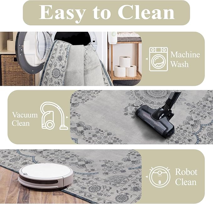 Washable 6x9 Area Rug for Living Room, Carpet for Bedroom Dining Room, Non Slip&Non-Shedding Resistant Low Pile Vintage Print Rug for Home Office (Grey/Blue)