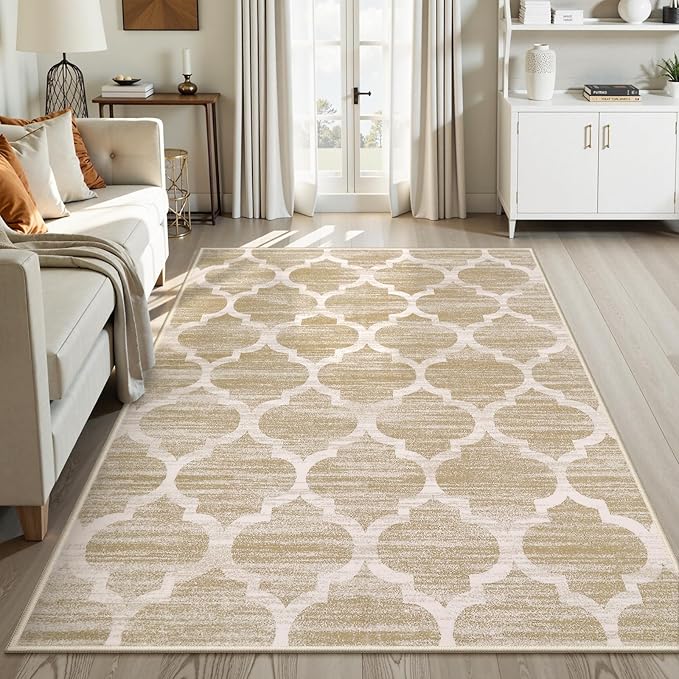 Lahome Moroccan Living Room Carpet - 4x6 Area Rug Washable Non-Slip Soft Rugs for Bedroom Ultra-Thin Throw Rug for Office, Modern Print Indoor Carpet Rug for Laundry Room Kitchen (Taupe, 4'x6')