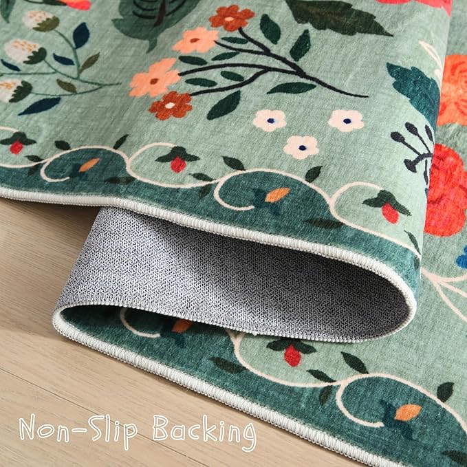 Rugcomf Area Rugs 8x10 Rug for Living Room Clearance Washable Boho Area Rug Non Slip Floral Vintage Low Pile Large Rug for Living Room, Bedroom, Farmhouse, Dining Room, Kids Playroom(Green)