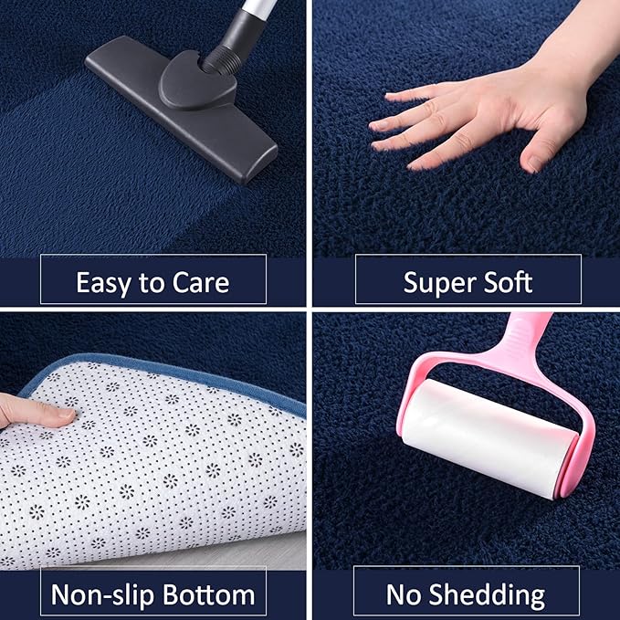 AROGAN Modern Shag Area Rug for Living Room, 5x7 Feet Washable Rugs for Bedroom, Indoor Floor Carpet, Plush Memory Foam Bedside Rugs for Kids Girls Teens Low Pile, Navy Blue