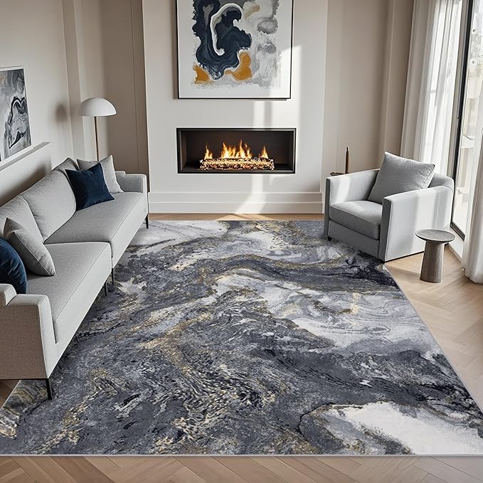 Abstract 5x7 Area Rugs: Modern Washable Rug for Living Room Bedroom Dining Room Indoor - Thin Low Pile Non-Slip Large Carpet - Black Gold