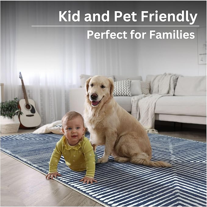 Bloom Rugs Washable Non-Slip 10 ft Runner - Blue Striped Runner for Entryway, Hallway, Bathroom, and Kitchen - Exact Size: 2.5' x 10'