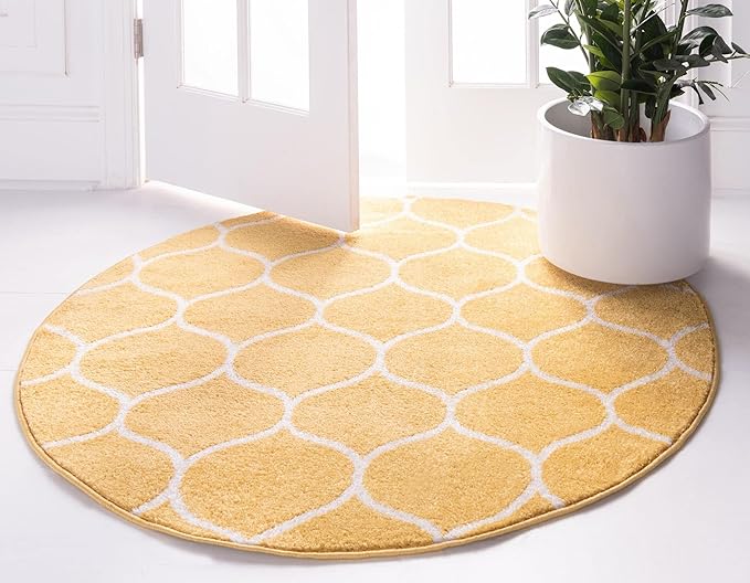 Rugs.com Lattice Frieze Collection Rug – 3' Round Yellow Medium Rug Perfect for Kitchens, Dining Rooms