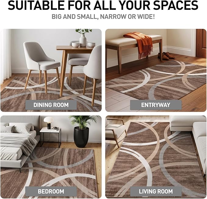 Rugshop Modern Wavy Circles Design Area Rug, Carpet with Jute Backing for Bedroom, Office, or Entryway, Brown, 4' x 6'