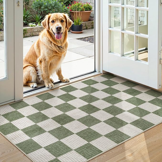 LIVEBOX 3x5 Washable Area Rug Checkered, Non-Slip Small Entryway Rug Green Farmhouse Neutral Classic Geometric Boys Rug for Bedroom Room Low-Pile Carpet for Indoor Kitchen Bathroom(Sage Green 3'x5')