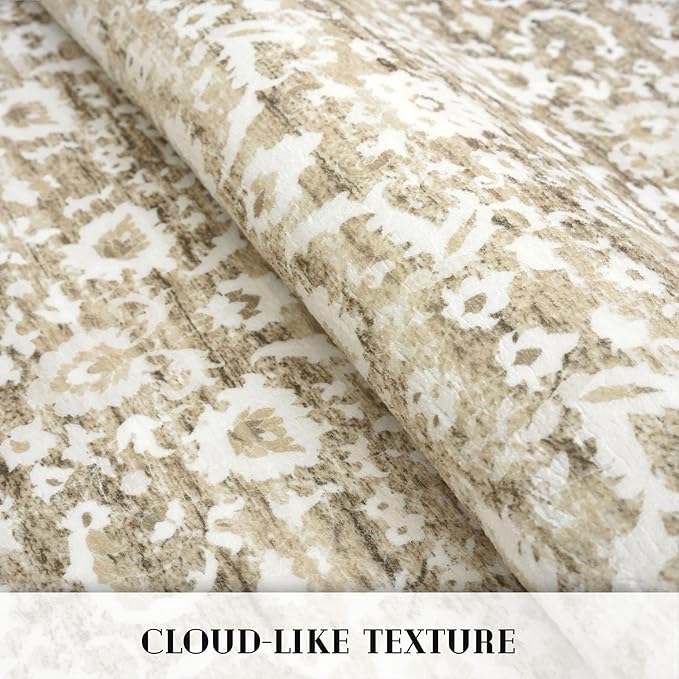Vintage Floral 2x5 Runner Rug, Beige Tan White Washable Hallway Runner Rug Non-Slip Kitchen Rug Runner Super Soft Thin Printed Faux Wool Carpet for Entryway Bedroom Bedside Laundry Room Indoor