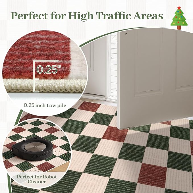 Machine Washable 5x7 Area Rugs for Living Room Clearance Checkered, Non Slip Low Pile Farmhouse Modern Neutral Playroom Boys Rugs for Bedroom, Carpet Rugs for Dining Room(Red,5'x7')