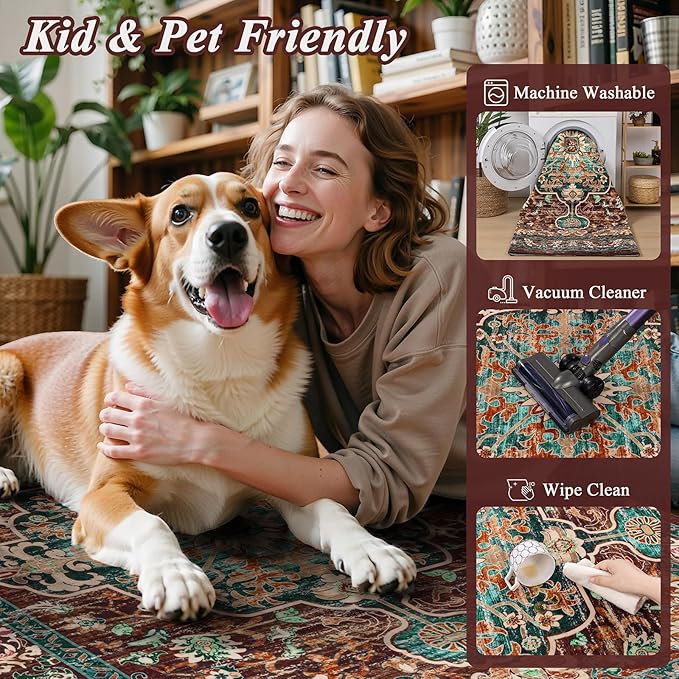 U'Artlines Christmas Boho Vintage Area Rug 5x7 Machine Washable Low Pile Ultra-Thin Soft Floor Carpet Non Slip Non Shedding Accent Rug for Living Room Bedroom Entryway Dining Room Office(Rust＆Teal)