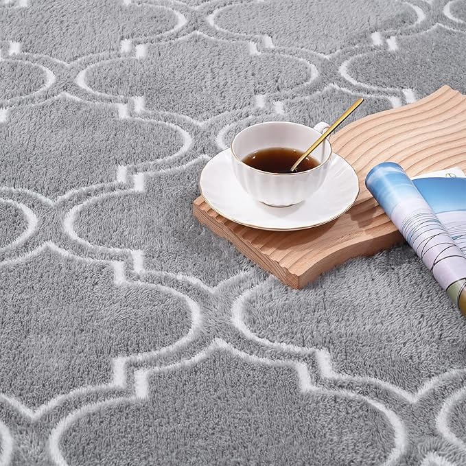 Amearea Fluffy Indoor Area Rug, Soft Trellis Moroccan Rugs for Bedroom, Shag Modern Area Rug for Living Room Kids Room Nursery, Easy Clean, Home Decor Low Pile Carpet, Light Gray 5x7 Feet