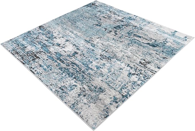 Rugs.com Leipzig Collection Rug – 5 Ft Square Blue Low-Pile Rug Perfect for Living Rooms, Kitchens, Entryways