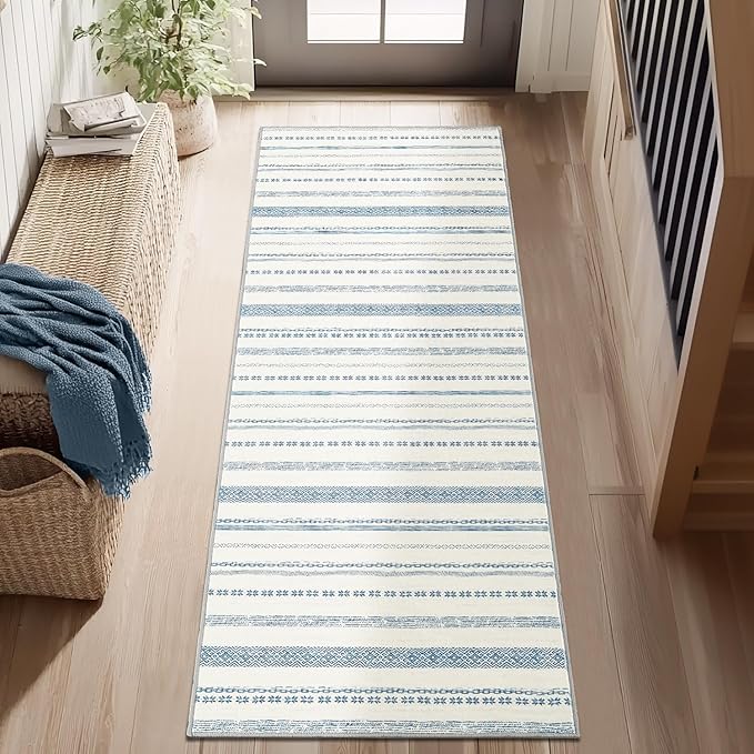 jinchan Moroccan Boho Runner Rug 2x5 - Machine Washable Non-Slip Low-Pile Soft Bohemian Runner Rug for Entryway Hallway Kitchen Bedroom Laundry Room (2‘x5', Blue)