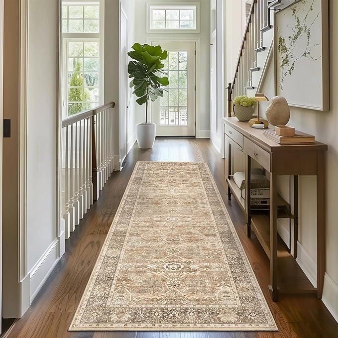 2x8 Runner Rug Beige Vintage Washable Runner Rugs for Hallway Kitchen Low Pile Non-Slip Retro Distressed Accent Throw Carpet for Entryway Bathroom Bedroom Beige