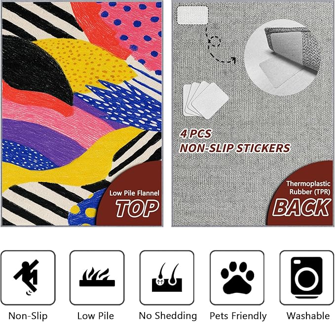 Pop Art Rug, Colorful Abstract Area Rug 6x8, Hippie Aesthetic Funky Low Pile Non Skip Carpets Home Decor #C009