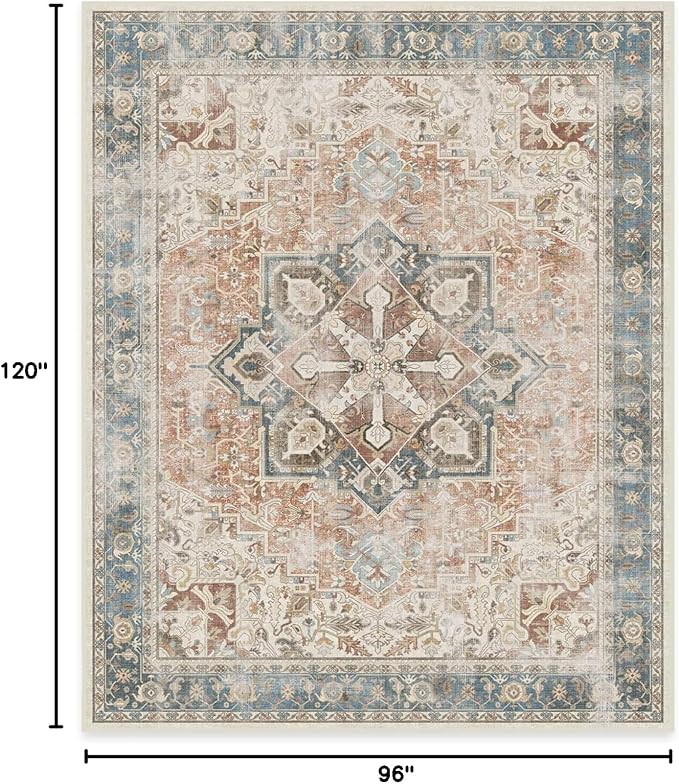 RUGGABLE Washable Vintage Area Rug – Kamran Coral 8x10, Stain-Resistant, Non-Slip – Large Machine Washable Rugs for Living Room, Bedroom, Hallway, Entryway & Office–with Cushioned Pad