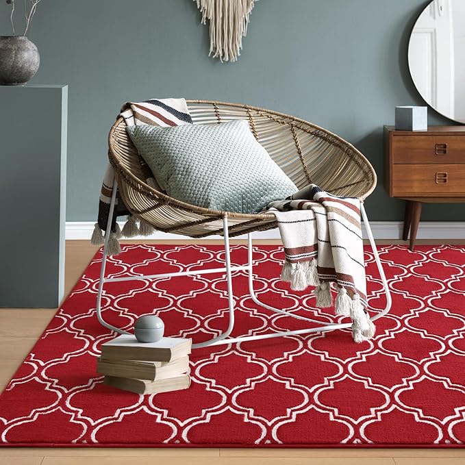Amearea Fluffy Indoor Area Rug, Soft Trellis Moroccan Rugs for Bedroom, Shag Modern Area Rug for Living Room Kids Room Nursery, Easy Clean, Home Decor Low Pile Carpet, Wine Red 6x9 Feet