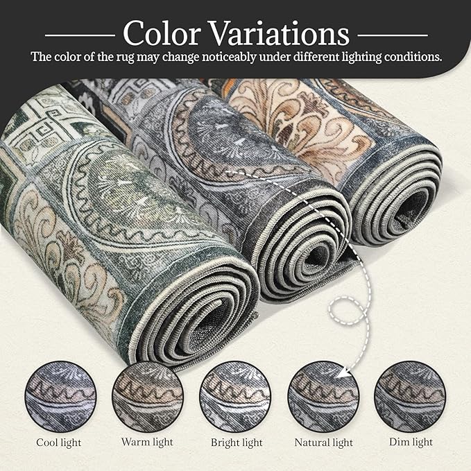 Washable Entryway Rug 3'x5 Non-Slip Backing Vintage Indoor Rug Low Pile Lightweight Carpet for High-Traffic Indoor Entrance & Kitchen