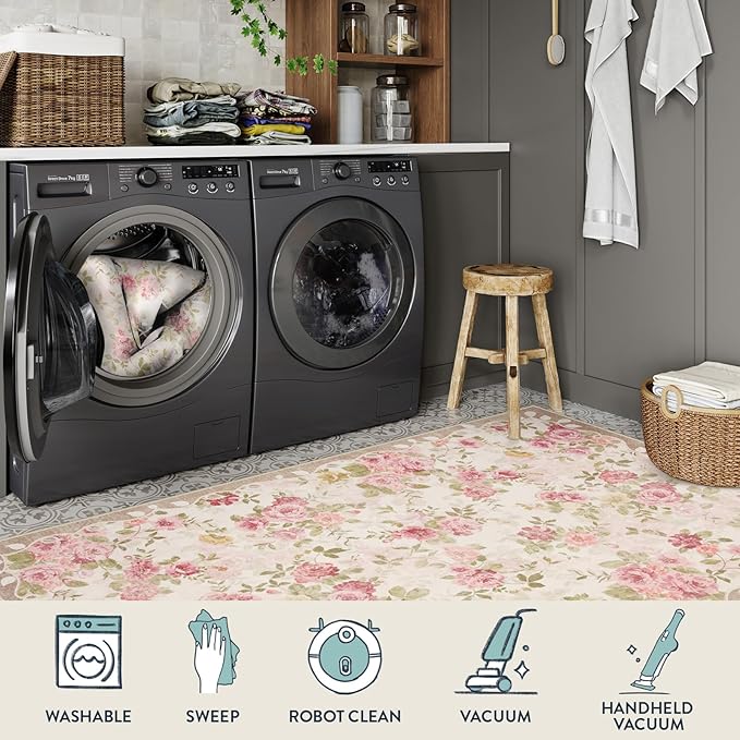 Lahome Floral Washable Rugs 5x7,Rugs for Living Room Boho Area Rug,Vintage Rugs for Bedroom Girls Non Slip Low Pile Ultra-Thin Large Carpet for Farmhouse,Dining Room,Kids Playroom Dorm (5'X7',Beige)