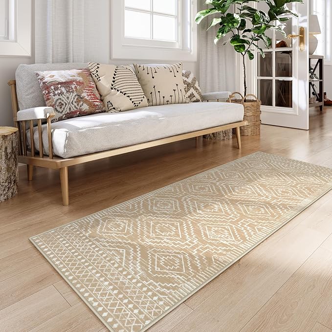 Wonnitar Moroccan Washable Kitchen Runner Rug 2'6"x8', Non-Slip Boho Rug Runners for Hallways, Farmhouse Floor Carpet Soft Runner for Bathroom Hall Entyway (Kakhi,2'6"x8')