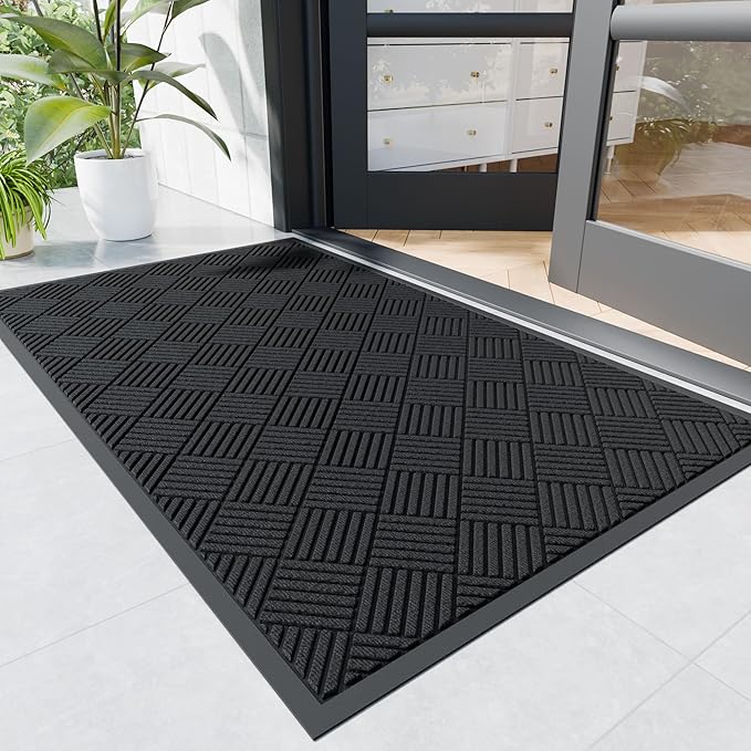 Durable Indoor Outdoor Door Mat, 4' x 5' Heavy Duty Front Door Mat for Entryway, Non-Slip Backing, Stain and Fade Resistant, Absorbent Commercial Floor Mat for High Traffic Area, Black