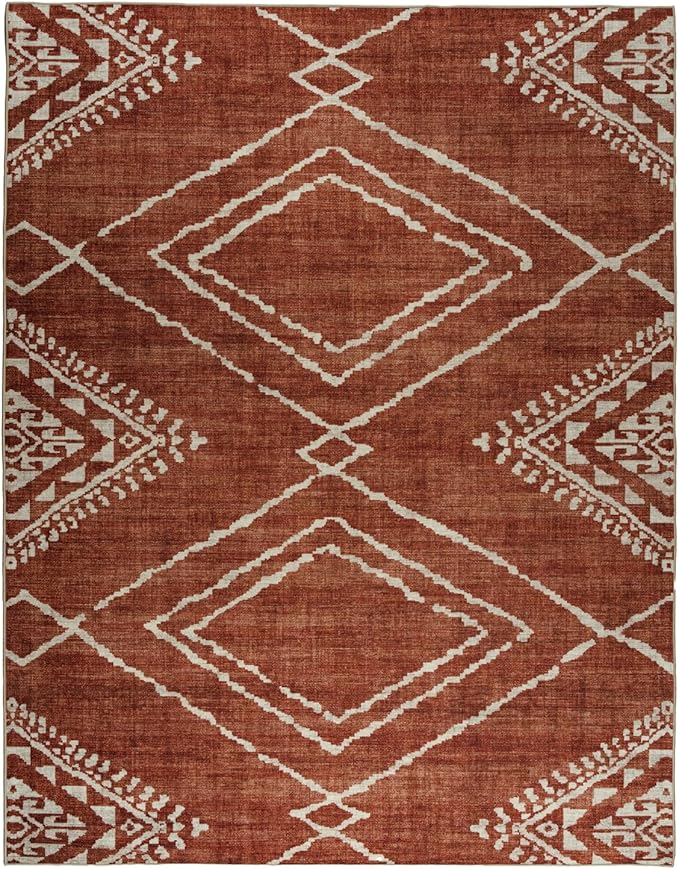 ReaLife Rugs Machine Washable Area Rug - Living Room Bedroom Bathroom Kitchen Entryway Office - Padded Low Pile Stain Resistant Premium - Moroccan Diamond Tribal - Jax - Orange 5' x 7'