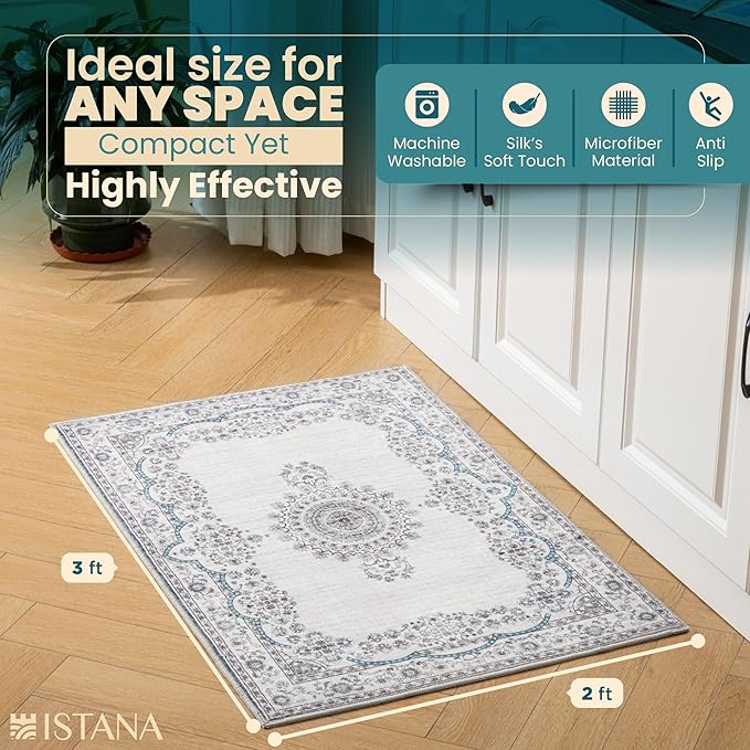 Istana 2x3 Rugs - Pink Beige Whisper/Grey/Blue Area Rugs - Foldable Dining Room Rug - Area Rug for Bedroom - Anti-Slip Washable Modern Rugs for Living Room
