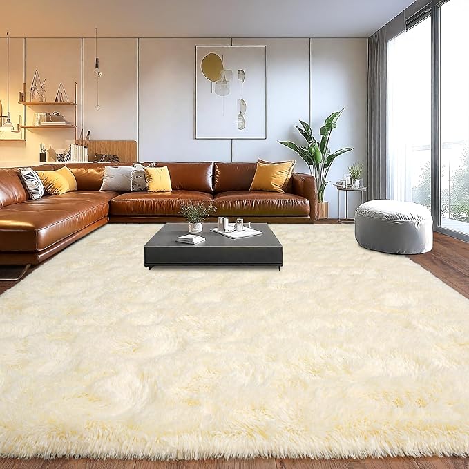 Extra Large Fuzzy Rug Fluffy Rug for Living Room, Big Plush Non-Slip Shag Carpet, Soft Shaggy Rugs for Bedroom Indoor Modern Home Decor Light Champagne 9x12ft