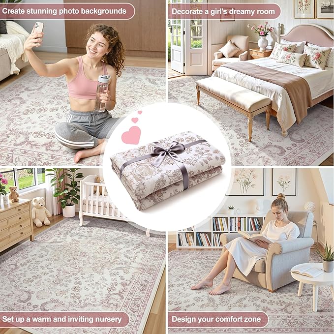 Wonnitar Floral Washable 8x10 Rug, Pink Area Rug for Bedroom Girls, Soft Non Slip Ultra-Thin Large Boho Vintage Home Decor Carpet for Living Room Nursery Dining Room Girl Room