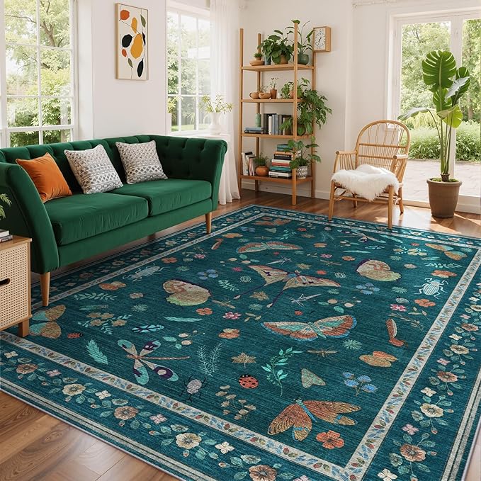 7x9 Bug Pattern Area Rug - Indoor Non-Slip Low Pile Machine Washable Insect Print Rug for Entryway, Living Room, Bedroom, Kitchen, Laundry (7'x9' Teal)